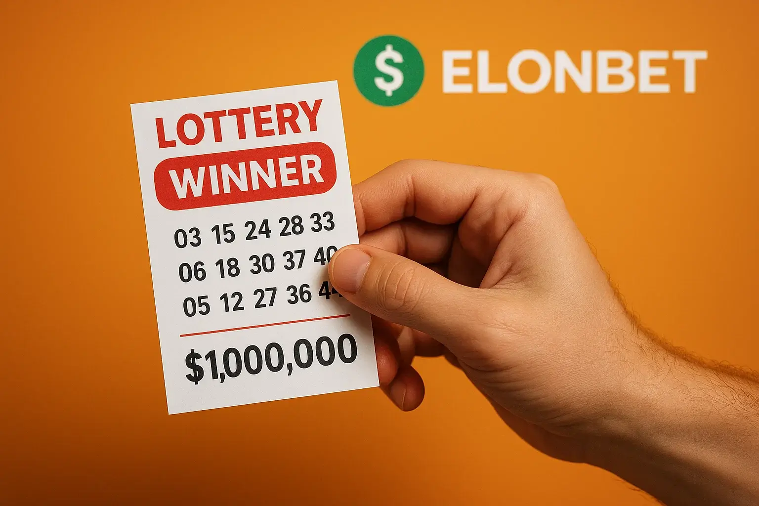 A hand holding a winning lottery ticket, symbolizing daily opportunities to win significant cash prizes at ElonBet.