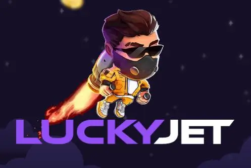 Graphic of Lucky Jet game, featuring a character with a jetpack flying upwards, symbolizing increasing multipliers and quick-play action.