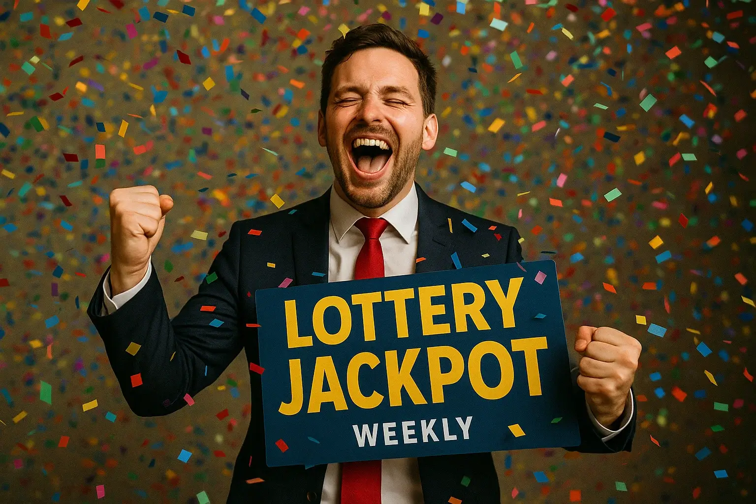 Confetti falling on a celebratory figure, representing the excitement of winning a large weekly lottery jackpot.